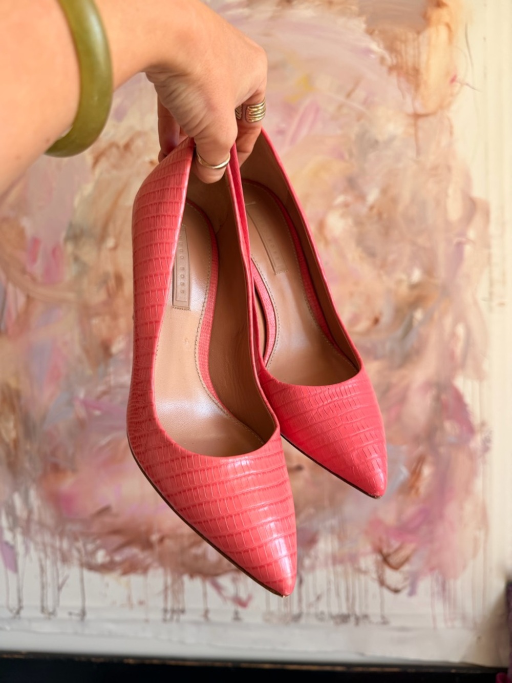 Hugo Boss Coral Pink Croc-Embossed Pointed Stilettos